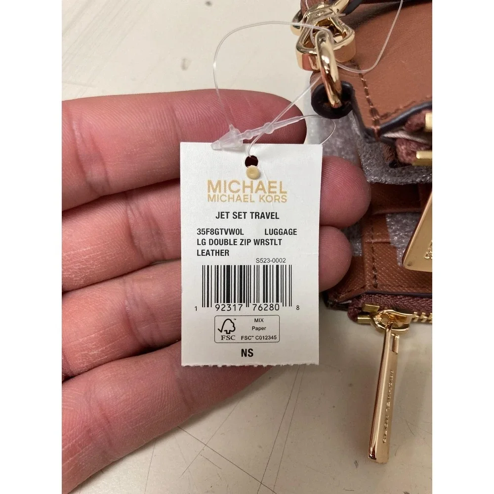 Michael Kors Double‎ Zip Wristlet Brown Leather 35F8GTVW0L Luggage NWT $258 FS - Picture 4 of 4